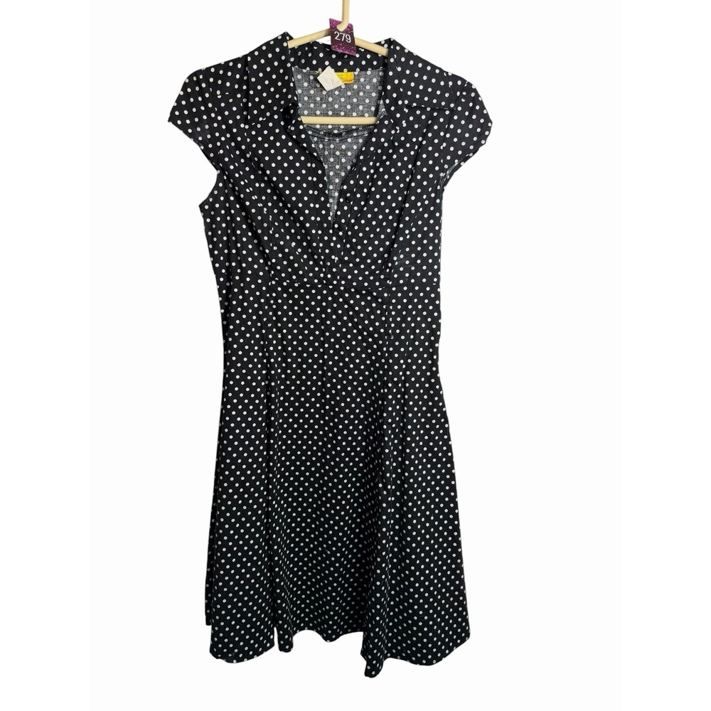 tropical wear short sleeve collared v neck black white polka dot dress size L